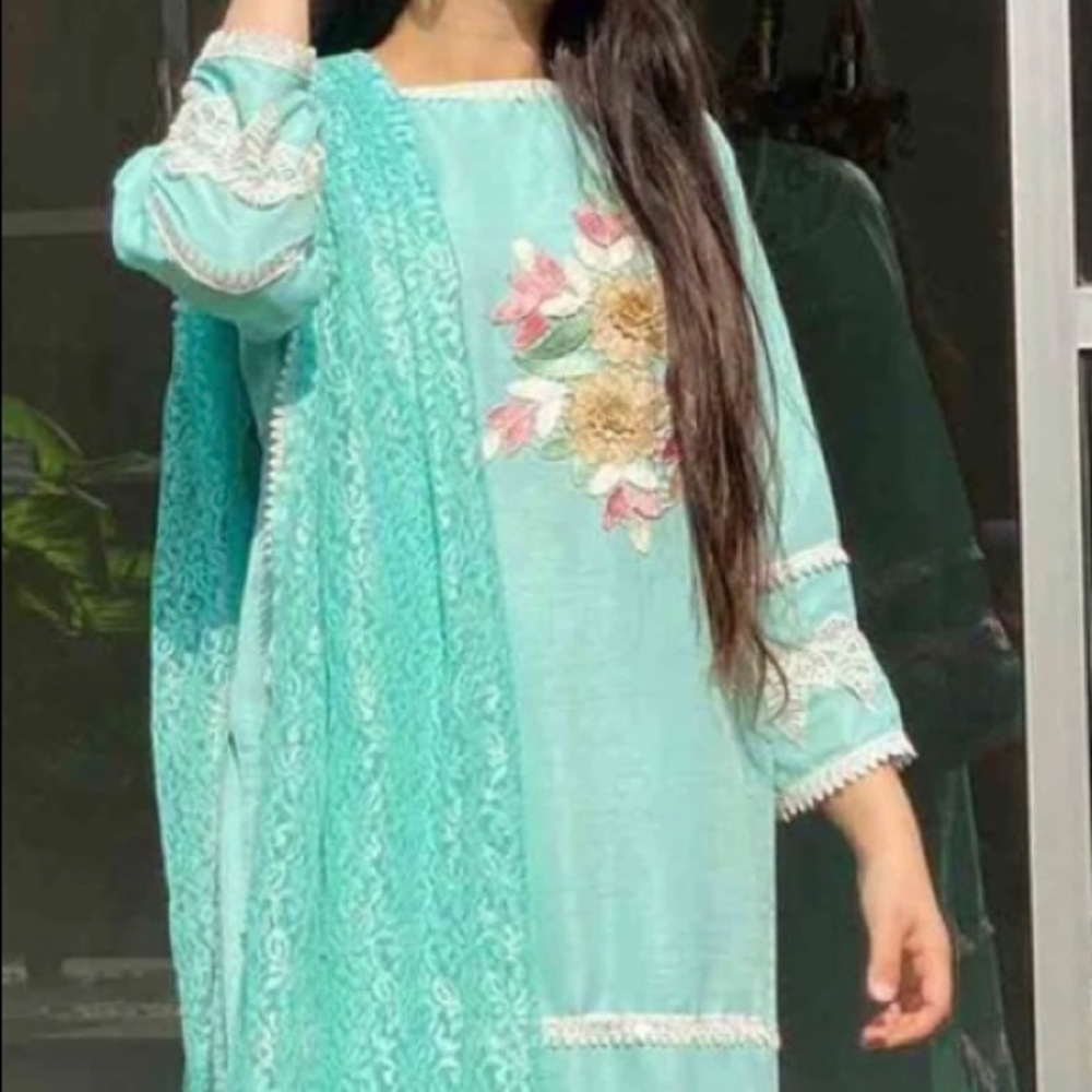 New medium Tiffany Blue Satin Pakistani 3 Piece Shalwar Kameez Suit